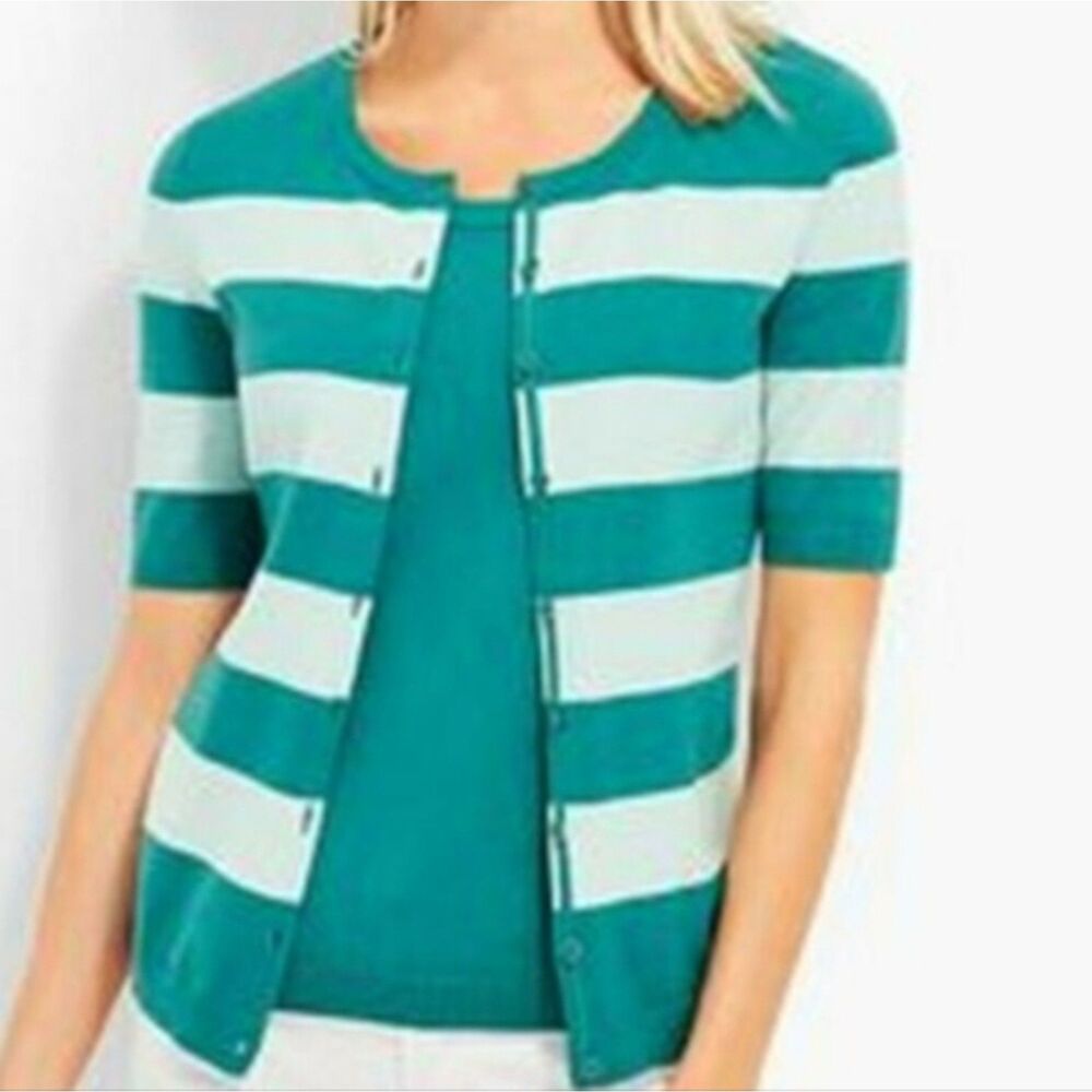 Talbot's Women's Large Pima Cotton Cardigan Short Sleeve Button Front Striped